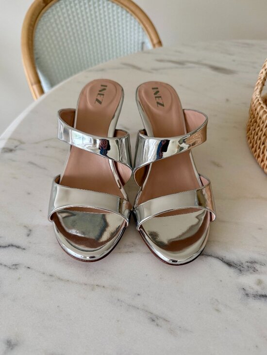 Inez Shoes - INEZ Silver Metallic Leather Heeled Sandals Size 7.5 NWOT